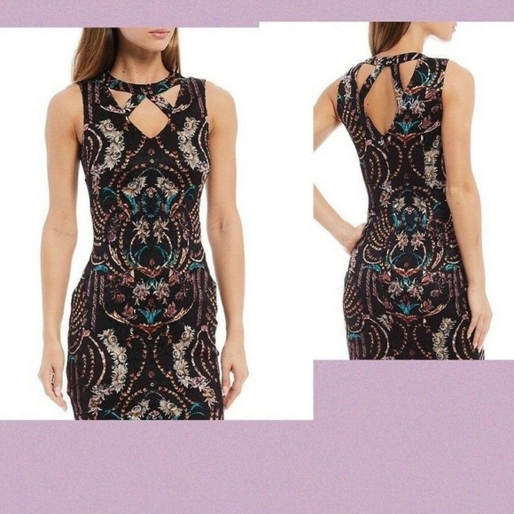 GUESS "CUTAWAY NECK" BLACK FLORAL PRINTED LACE COVERED DRESS~SLEEVELESS~SIZE 4 - Picture 3 of 7